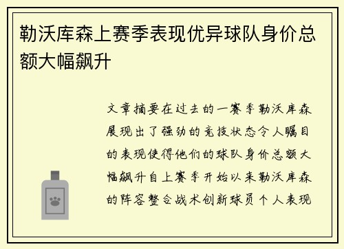 勒沃库森上赛季表现优异球队身价总额大幅飙升